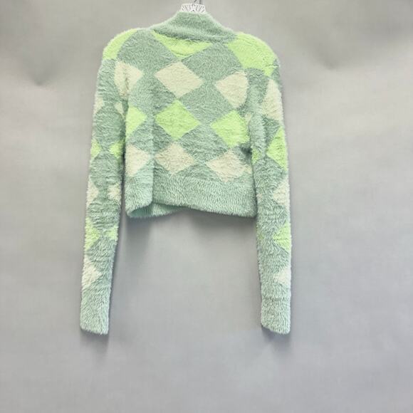 Cotton On argyle fluffy eyelash knit polo cropped cardigan in green Size Small - Picture 14 of 15